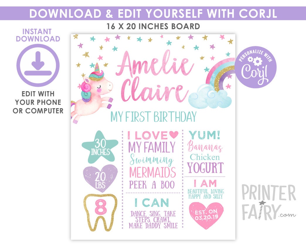 Unicorn 1st Birthday Milestones Board Editable Template, Instant Download