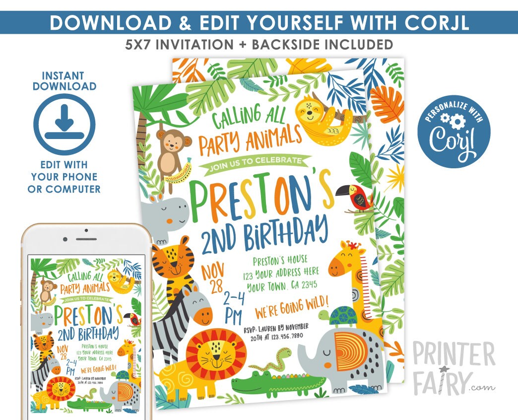 Jungle Birthday Invitation Editable Template, INSTANT DOWNLOAD