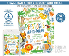 Jungle Birthday Invitation Editable Template, INSTANT DOWNLOAD