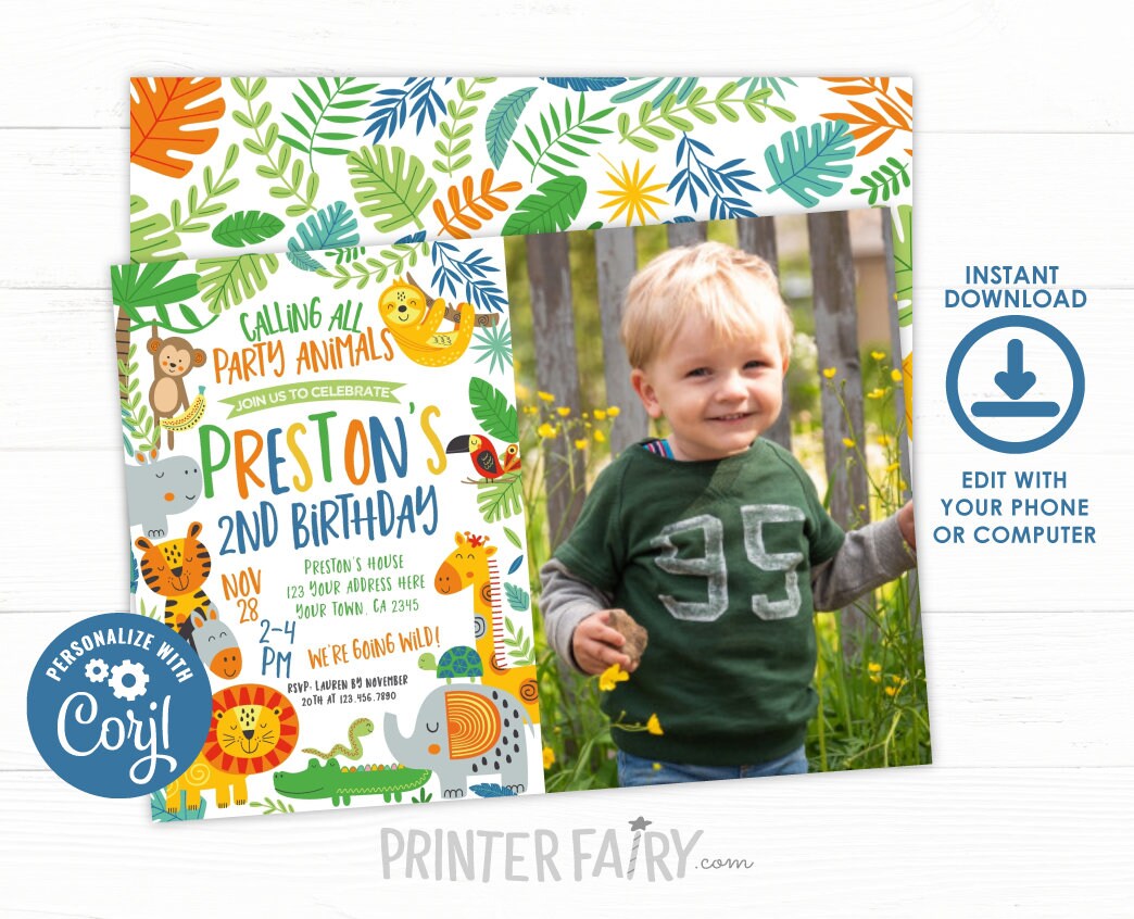 Editable Jungle Animals Birthday Invitation with Photo (Instant Download)