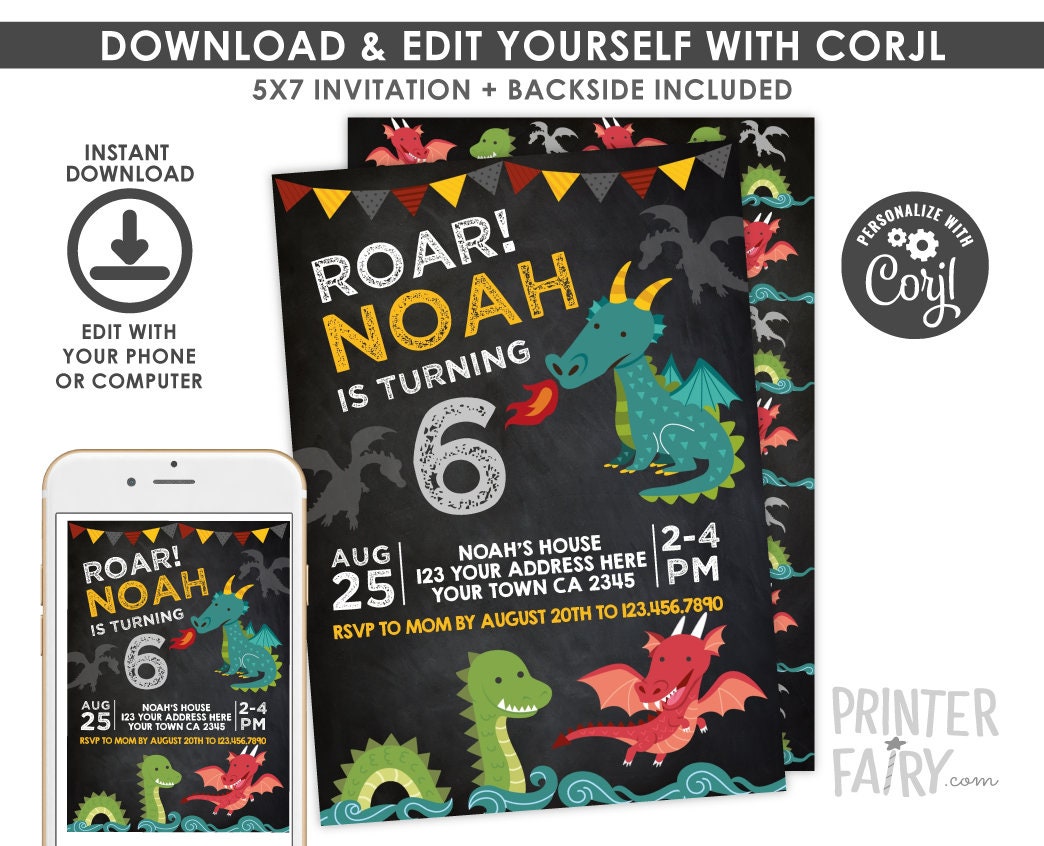 Editable Dragon Birthday Invitation, Medieval Knight Party (Instant Download)