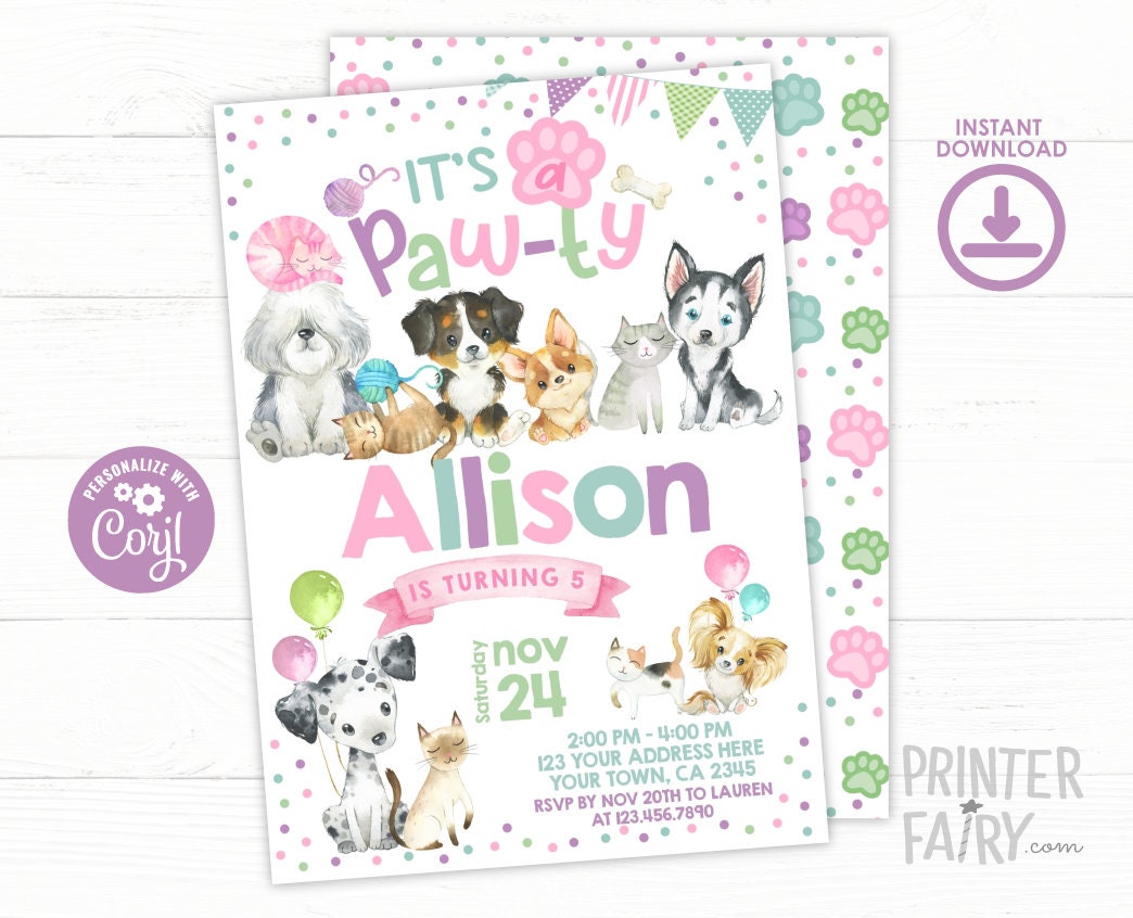 Puppies & Kitties Pawty Invitation, Pet Birthday (INSTANT DOWNLOAD)