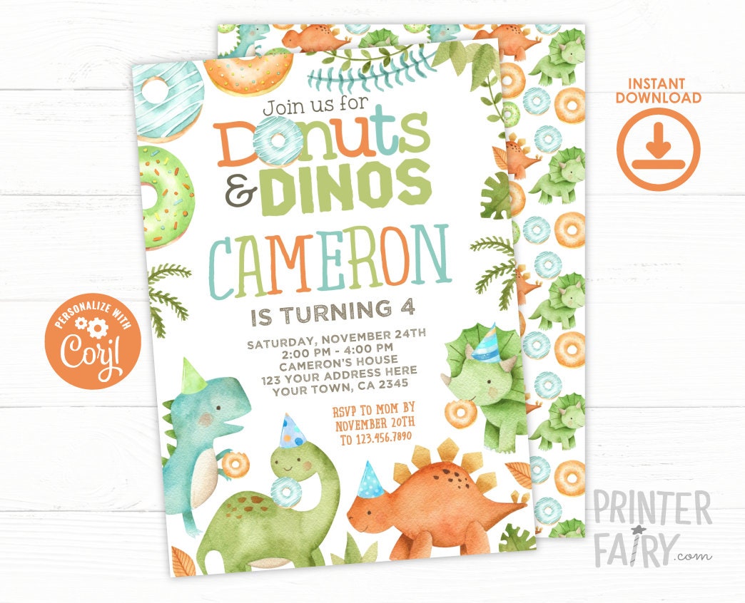 Donuts and Dinosaurs Birthday Party Invitation Editable Template, INSTANT DOWNLOAD