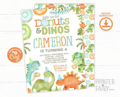 Donuts and Dinosaurs Birthday Party Invitation Editable Template, INSTANT DOWNLOAD