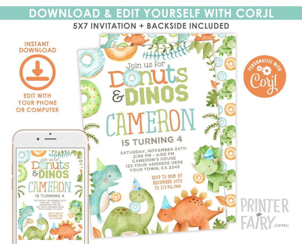 Donuts and Dinosaurs Birthday Party Invitation Editable Template, INSTANT DOWNLOAD