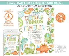 Donuts and Dinosaurs Birthday Party Invitation Editable Template, INSTANT DOWNLOAD