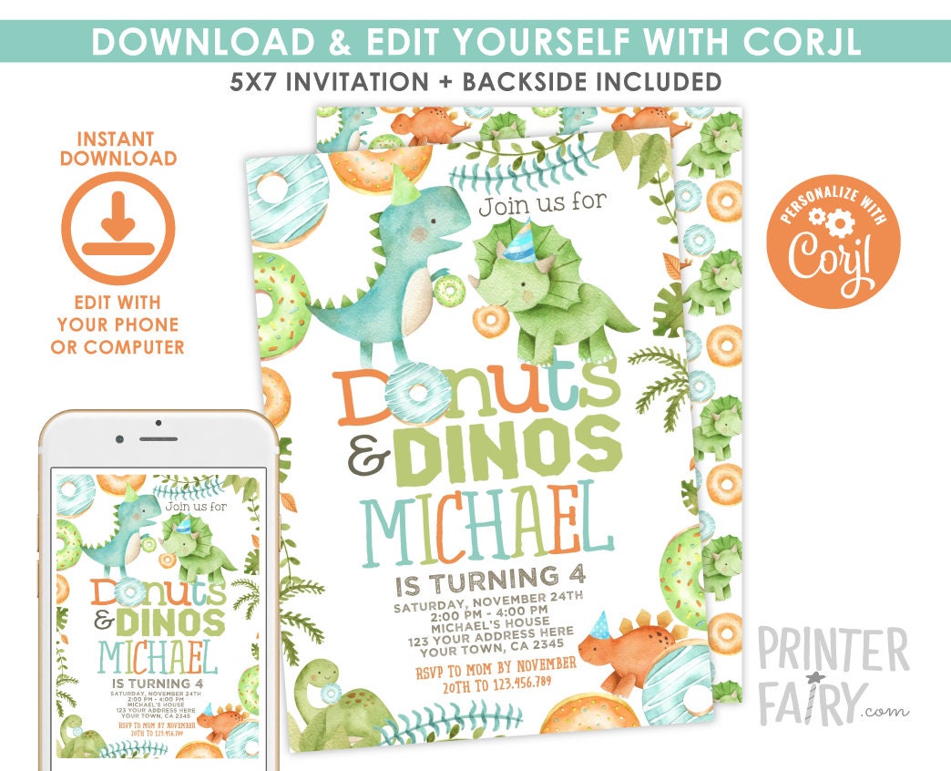 Donuts and Dinosaurs Birthday Invitation, Editable (Digital Download)