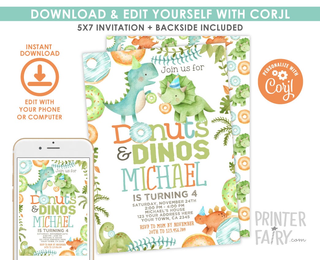Donuts and Dinosaurs Birthday Invitation, Editable (Digital Download)
