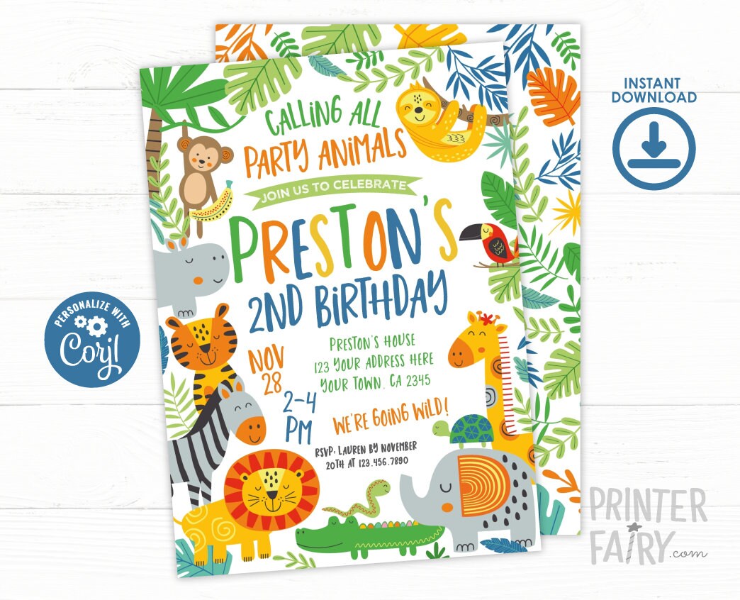 Jungle Birthday Invitation Editable Template, INSTANT DOWNLOAD
