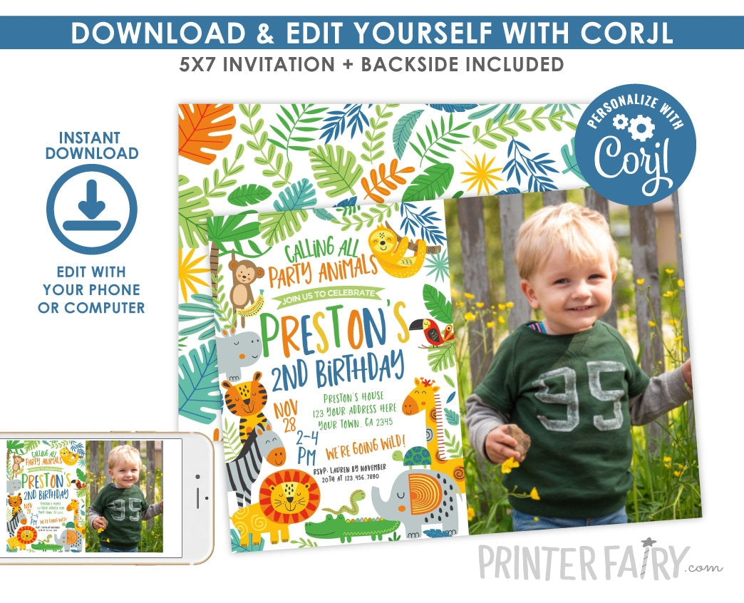 Editable Jungle Animals Birthday Invitation with Photo (Instant Download)