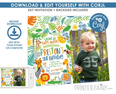 Editable Jungle Animals Birthday Invitation with Photo (Instant Download)