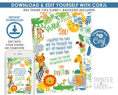Jungle Animals Thank You Cards, Editable Template (Instant Download)