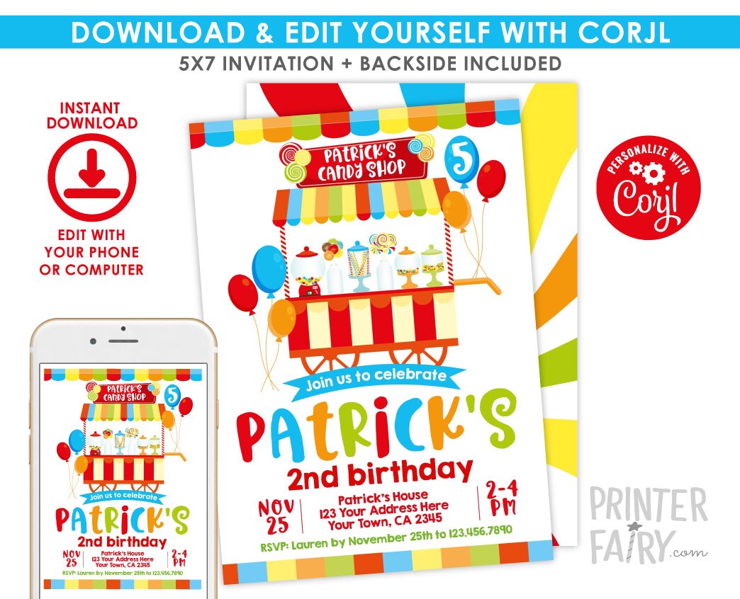 Candy Shop Birthday Invitation, Editable Sweet Shoppe Party (Digital Download)