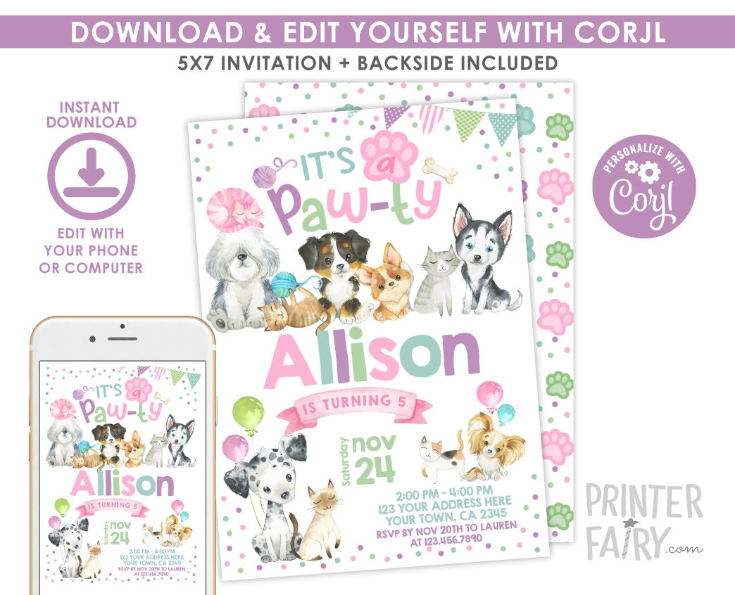 Puppies & Kitties Pawty Invitation, Pet Birthday (INSTANT DOWNLOAD)