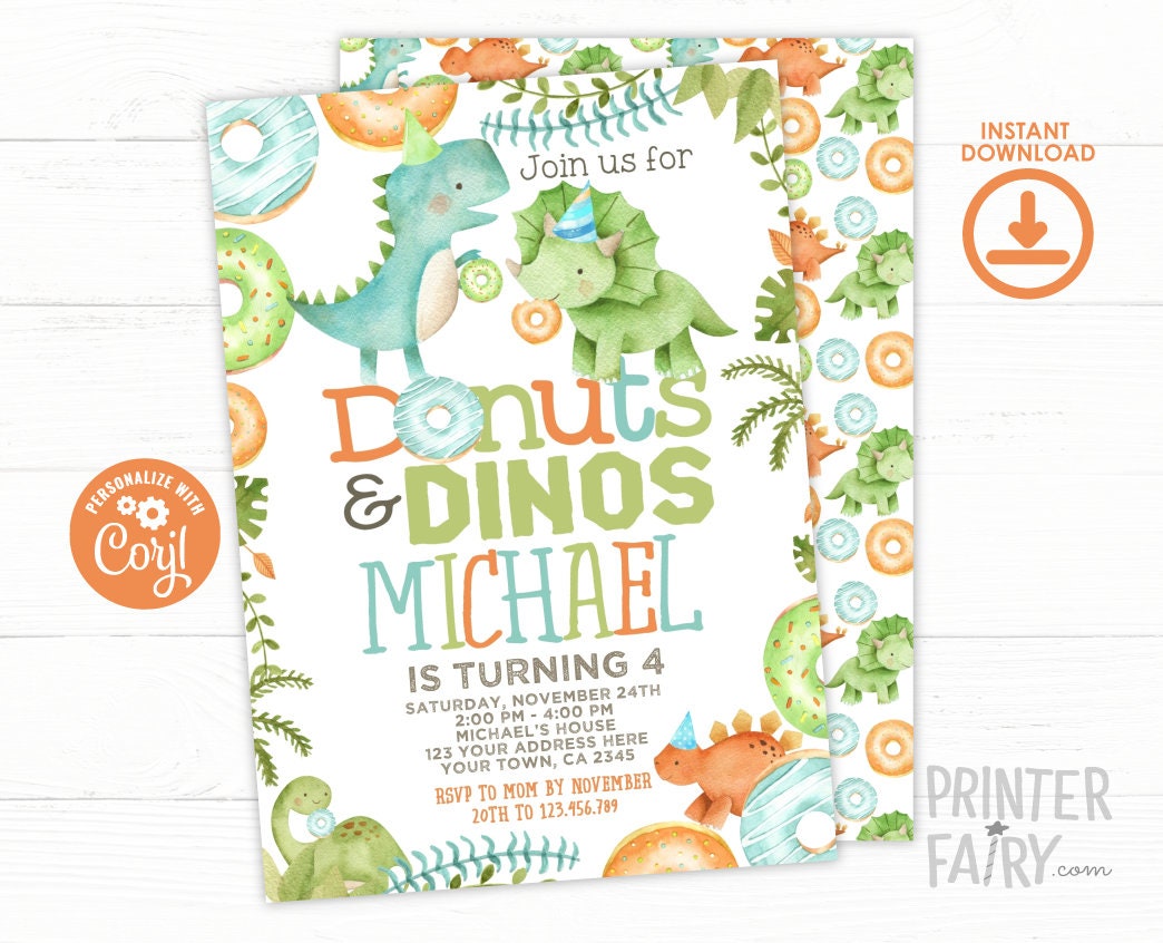 Donuts and Dinosaurs Birthday Invitation, Editable (Digital Download)