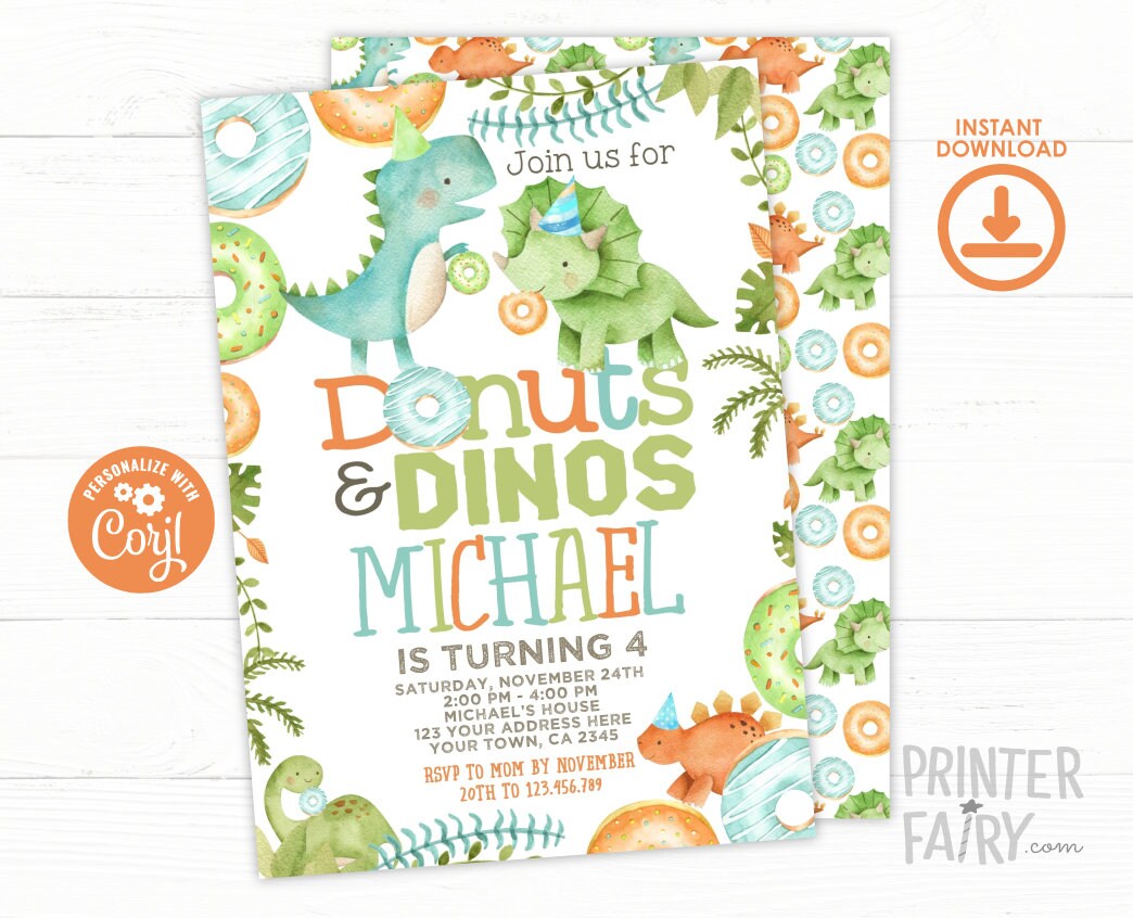 Donuts and Dinosaurs Birthday Invitation, Editable (Digital Download)