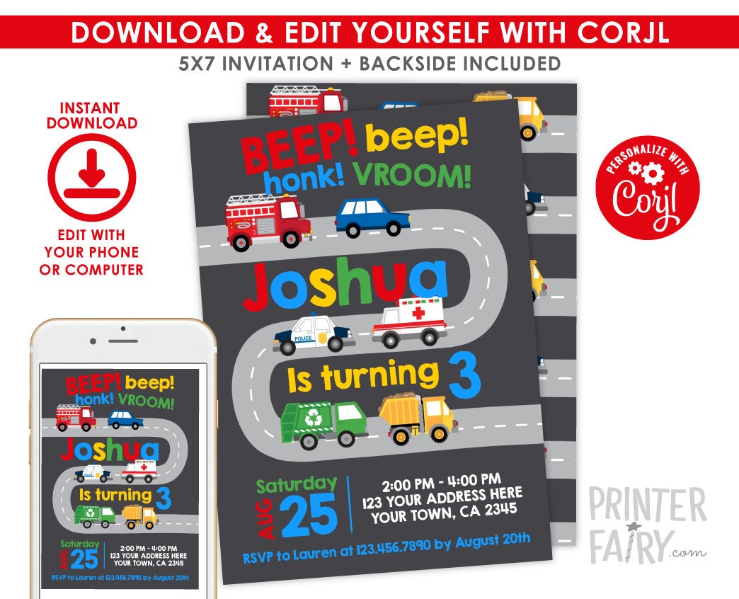 Editable Transportation Birthday Invitation, Firetruck, Police Car (Instant Download)