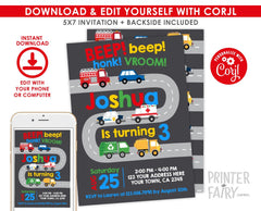 Editable Transportation Birthday Invitation, Firetruck, Police Car (Instant Download)