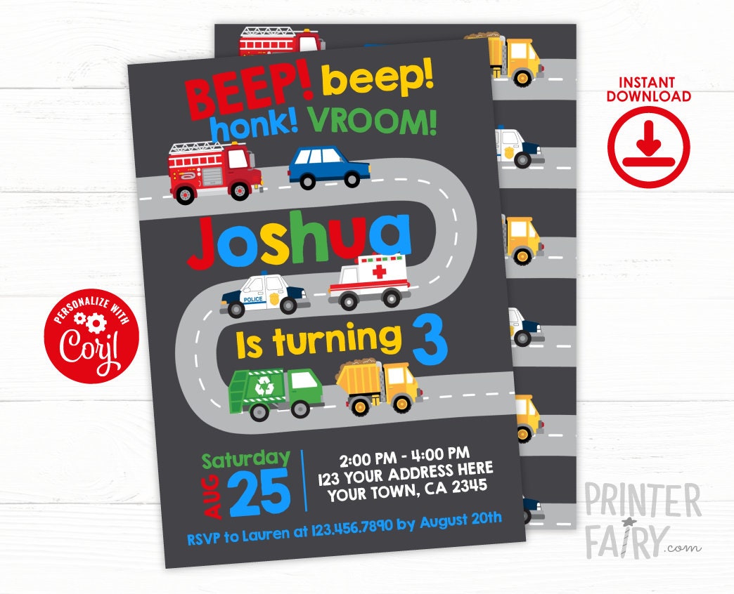 Editable Transportation Birthday Invitation, Firetruck, Police Car (Instant Download)