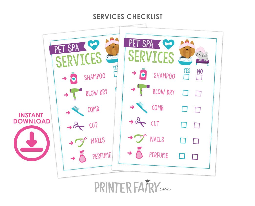 Pet Spa Sign and Checklist, Dog & Cat Birthday Party (Instant Download)