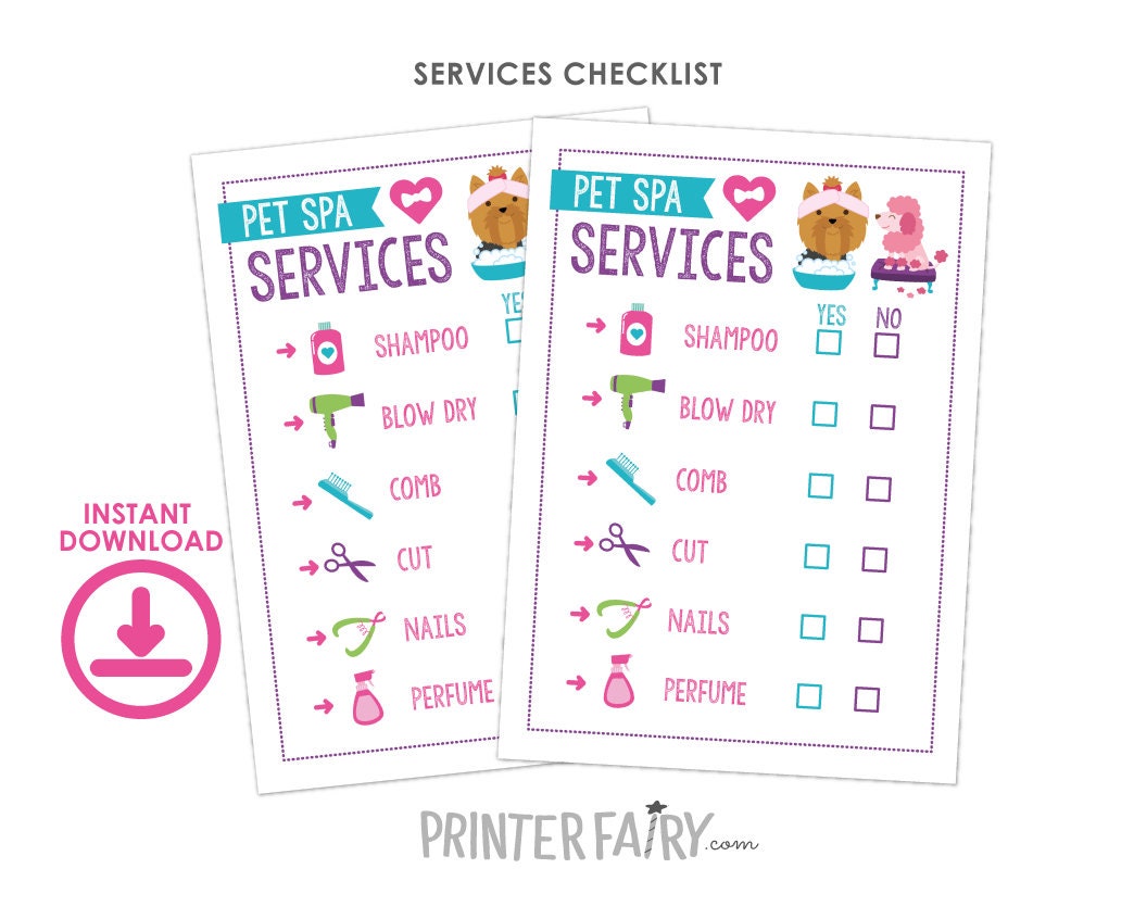 Pet Spa Party Sign & Checklist, Puppy Adoption Birthday Activities (Instant Download)