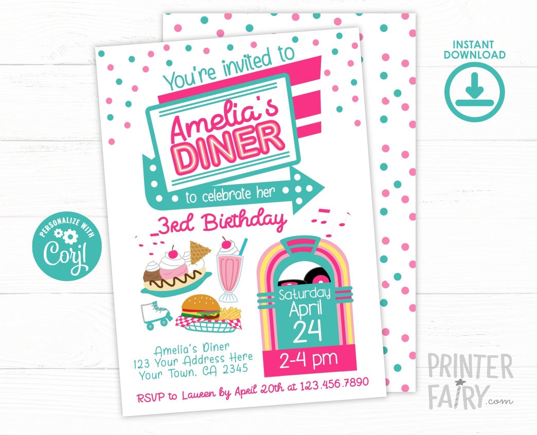 Diner Birthday Invitation Editable Template, INSTANT DOWNLOAD
