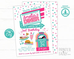 Diner Birthday Invitation Editable Template, INSTANT DOWNLOAD