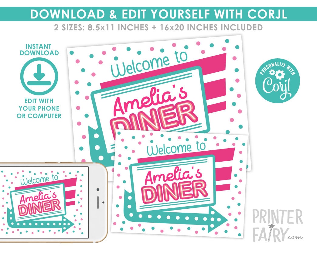 Diner Party Welcome Sign Editable Template, INSTANT DOWNLOAD
