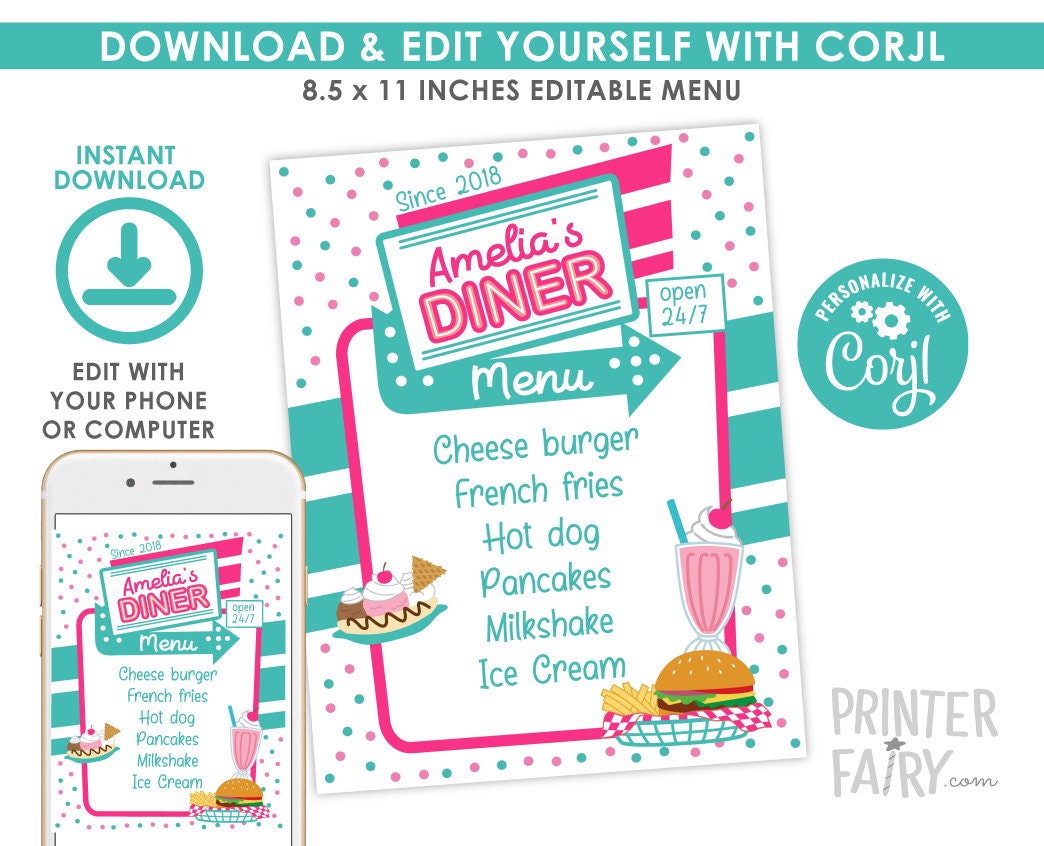 Diner Editable Menu Template Sign, INSTANT DOWNLOAD
