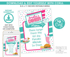 Diner Editable Menu Template Sign, INSTANT DOWNLOAD