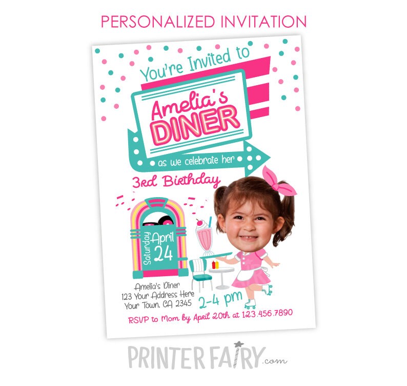 Diner Birthday Invitation Personalized with photo, Digital or Printable Design