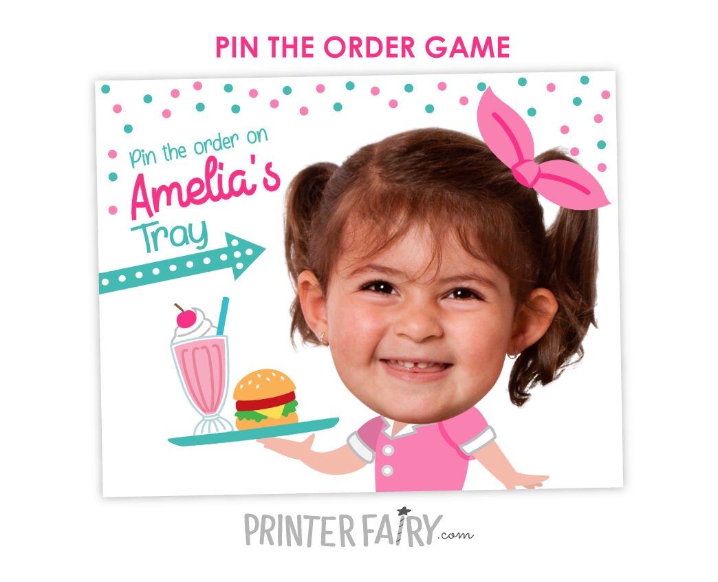 Diner Birthday Party Pin the Order Game, Personalized Photo Name (Digital Printable)