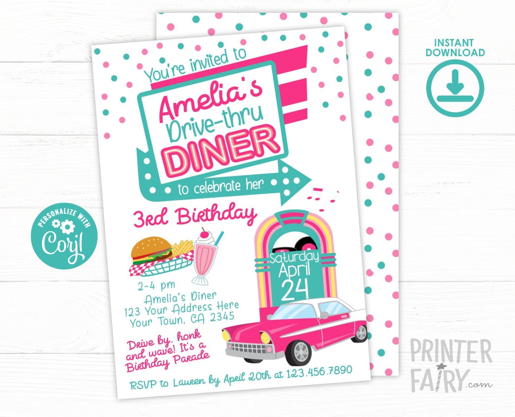 Diner Drive-Thru Birthday Invitation, Retro 50s Parade Invite (Digital Download)