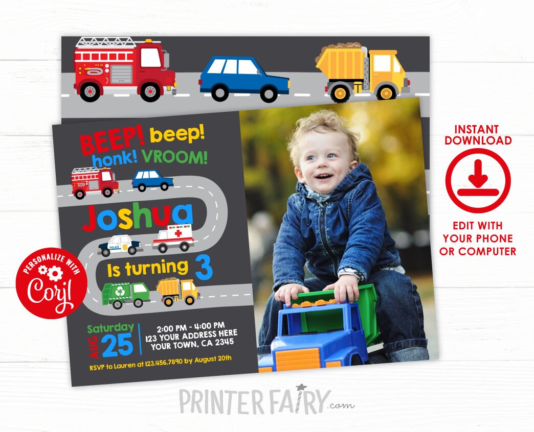 Construction Birthday Invitation, Cars Party, Boy Editable Template (Digital Download)