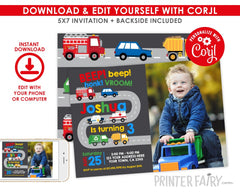 Construction Birthday Invitation, Cars Party, Boy Editable Template (Digital Download)