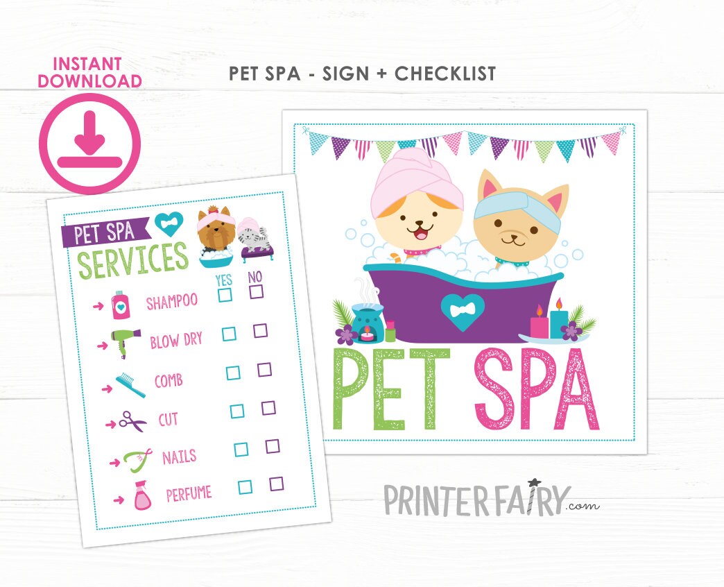 Pet Spa Sign and Checklist, Dog & Cat Birthday Party (Instant Download)