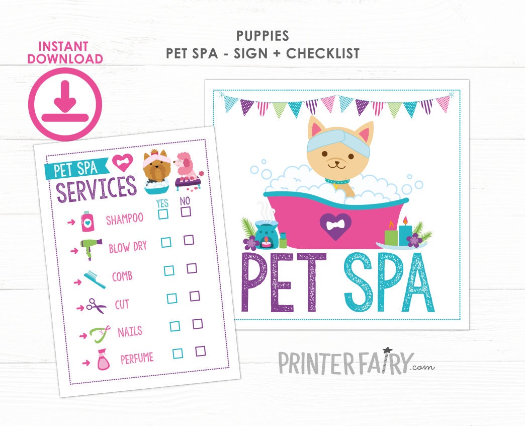 Pet Spa Party Sign & Checklist, Puppy Adoption Birthday Activities (Instant Download)