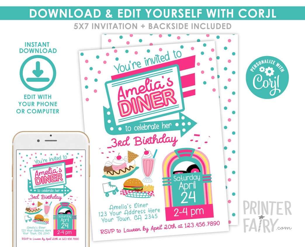 Diner Birthday Invitation Editable Template, INSTANT DOWNLOAD