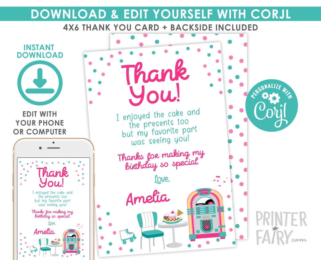 Diner Thank You Cards Editable Template INSTANT DOWNLOAD