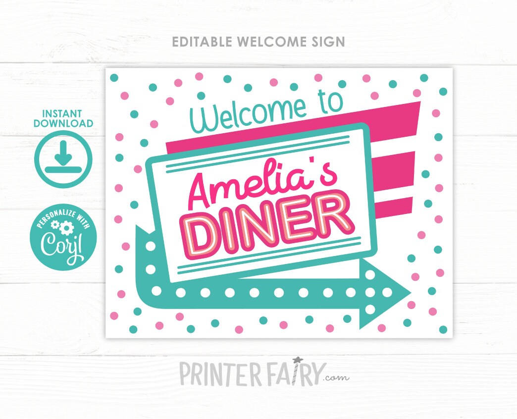 Diner Party Welcome Sign Editable Template, INSTANT DOWNLOAD