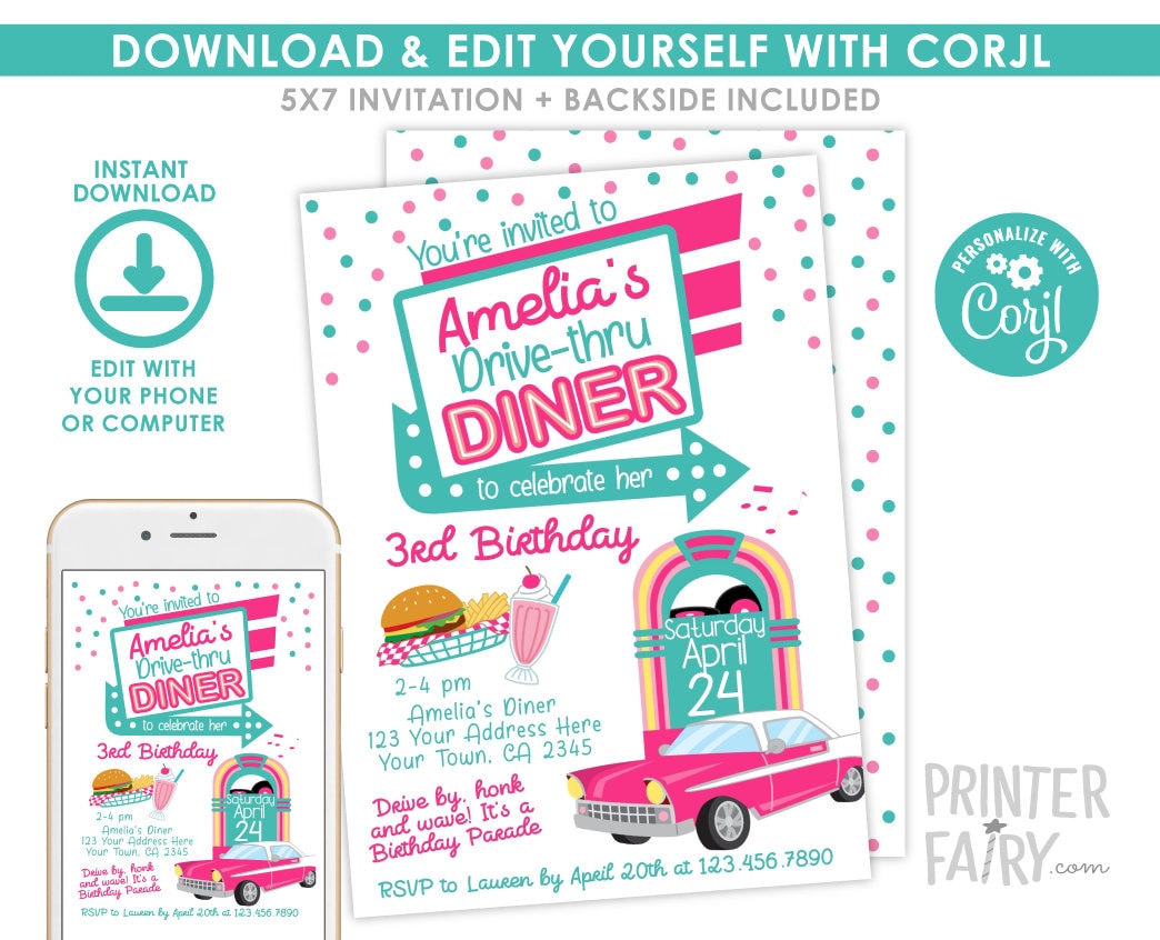 Diner Drive-Thru Birthday Invitation, Retro 50s Parade Invite (Digital Download)
