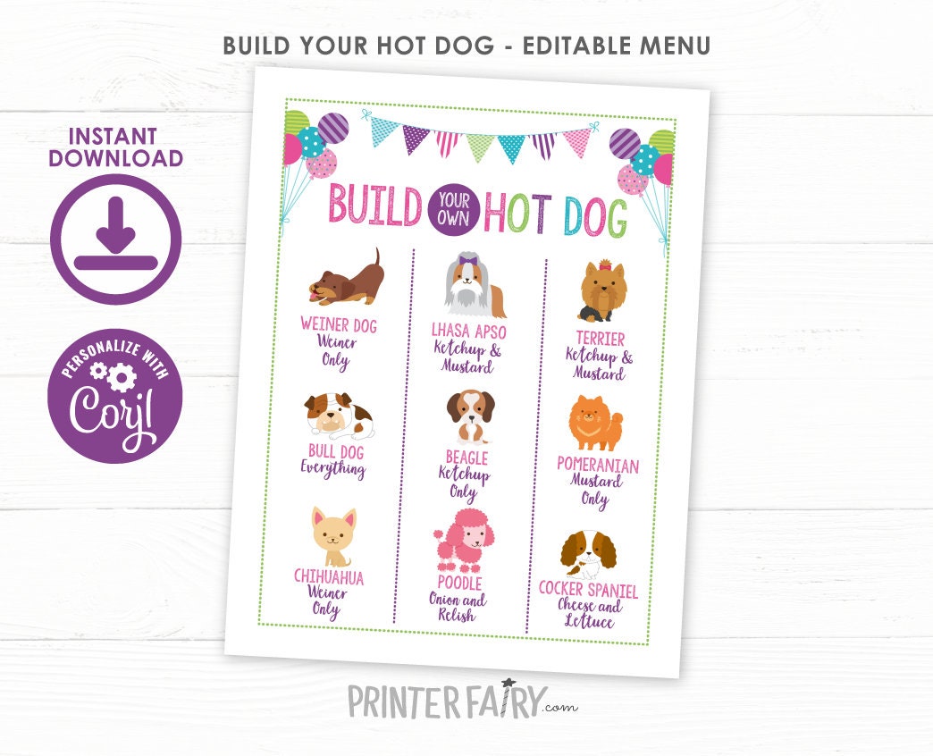 Build Your Own Hot Dog Bar Sign, Puppy Birthday Party Decor (Digital Download)