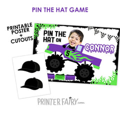 Monster Truck Birthday Party Personalized Pin The Hat Game, Digital Printable Design
