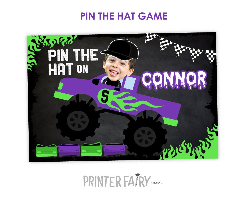 Personalized Monster Truck Pin the Hat Game, Birthday Party (Digital)