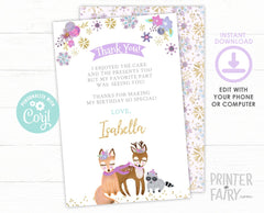 Winter Woodland Thank You Card, Girl Birthday (Editable Digital Download)