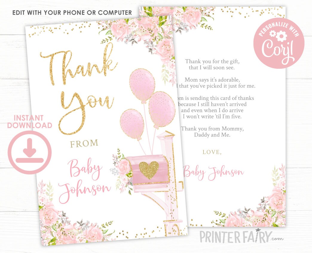 Floral Baby Shower Thank You Cards, Editable (Instant Download)