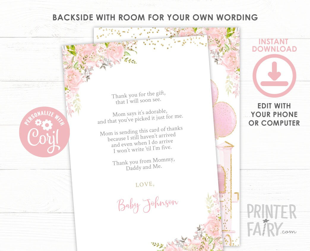 Floral Baby Shower Thank You Cards, Editable (Instant Download)
