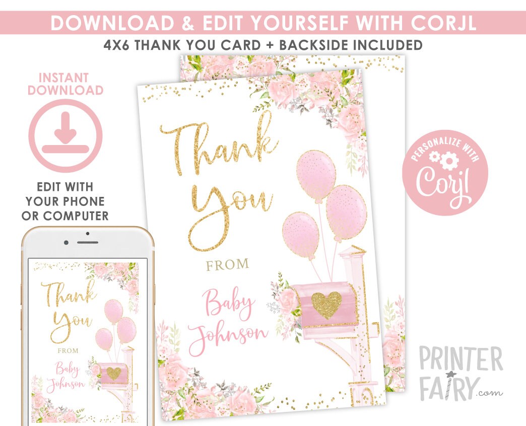 Floral Baby Shower Thank You Cards, Editable (Instant Download)