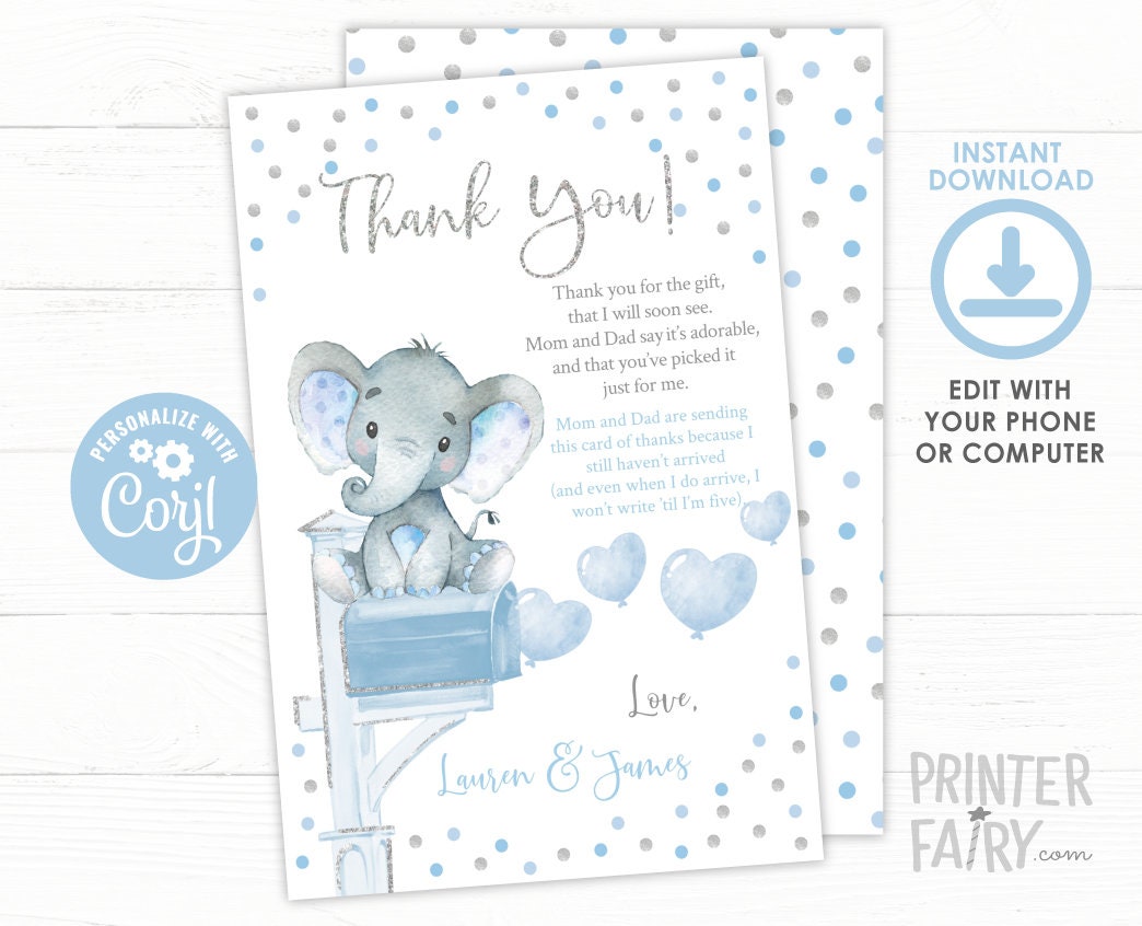 Editable Elephant Baby Shower Thank You Cards (Digital Download)