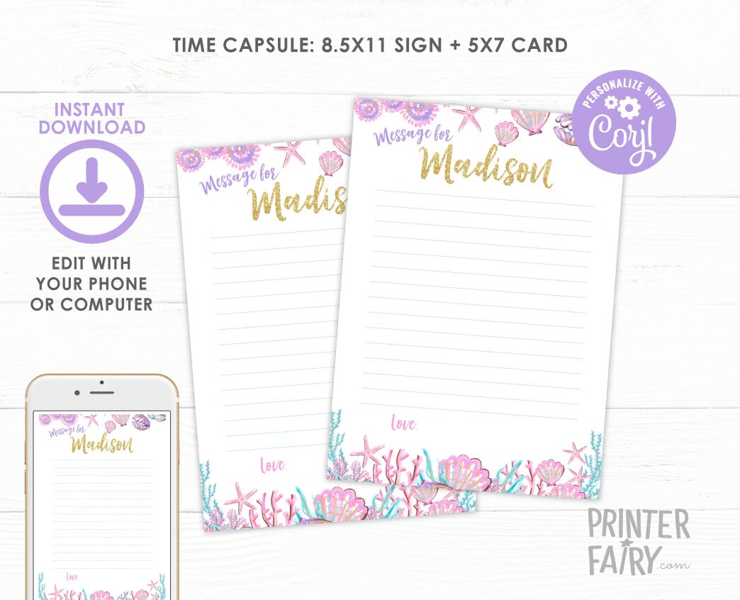 Mermaid 1st Birthday Time Capsule, Editable Sign and Card (Digital Download)